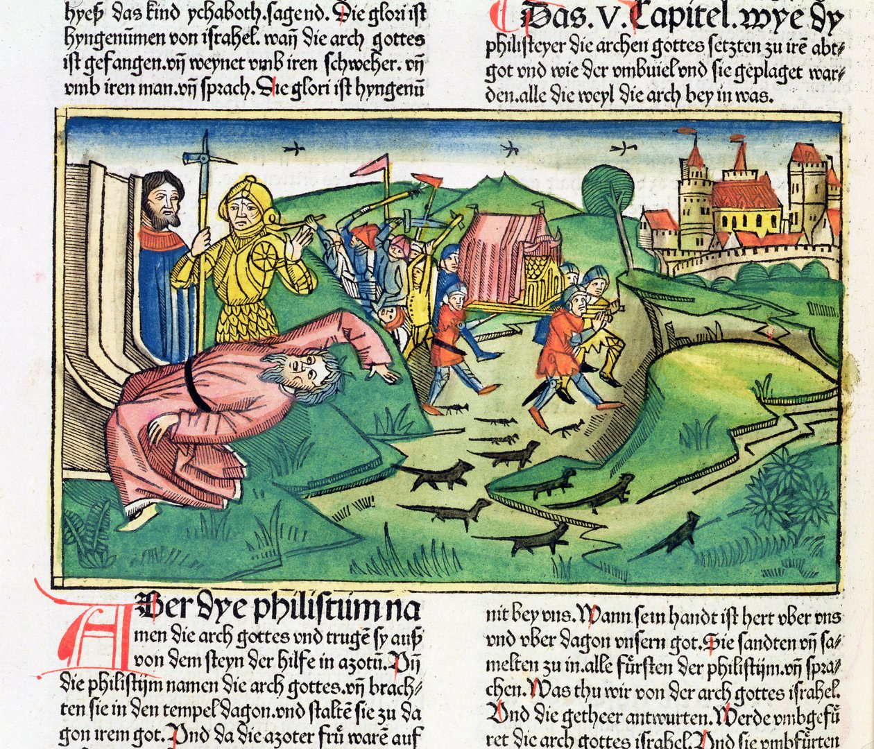 1 Samuela 5:1-11 Filistyni chwytają Arkę i zostają dotknięci przez zarazę, z Biblii Norymberskiej (Biblia Sacra Germanaica) (kolorowy drzeworyt) autorstwa German School