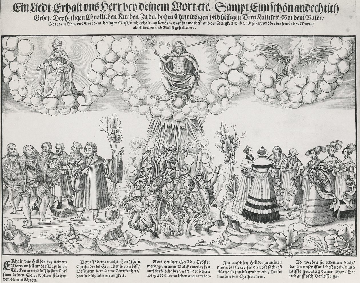 Ilustracja do hymnu Marcina Lutra z prośbą o pomoc Bożą przeciwko śmiercionośnemu dziełu Papieża autorstwa German School