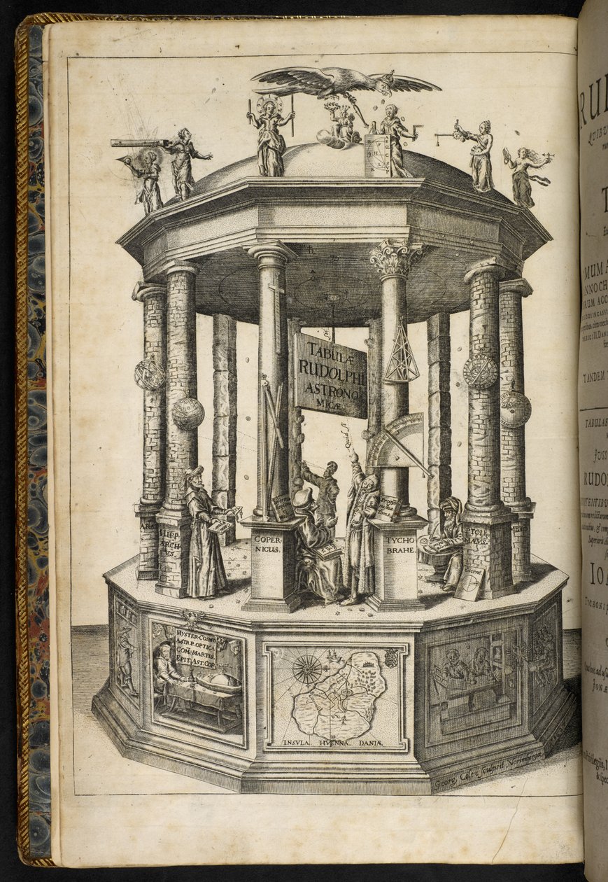 Ilustrowany frontyspis przedstawiający Świątynię Urania, Muzę Astronomii, z „Tabulae Rudolphinae, quibus astronomicae scientiae” Johannesa Keplera autorstwa German School