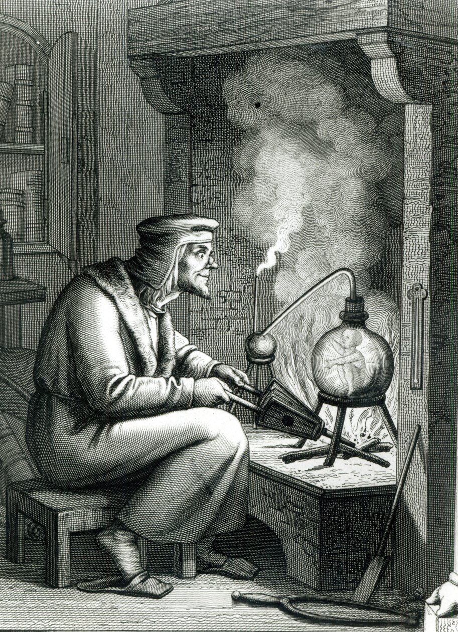 Ilustracja z Goethes Faust przedstawiająca Mefistofelesa tworzącego homunkulusa, 1854 autorstwa German School