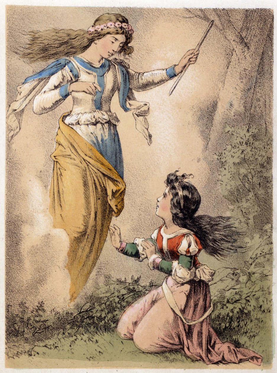 Ilustracja do bajek Franza Hoffmanna „”Bajki i bajki – 3 dary””: życzenie spełnione przez wróżkę. Chromolitografia XIX wieku. autorstwa German School