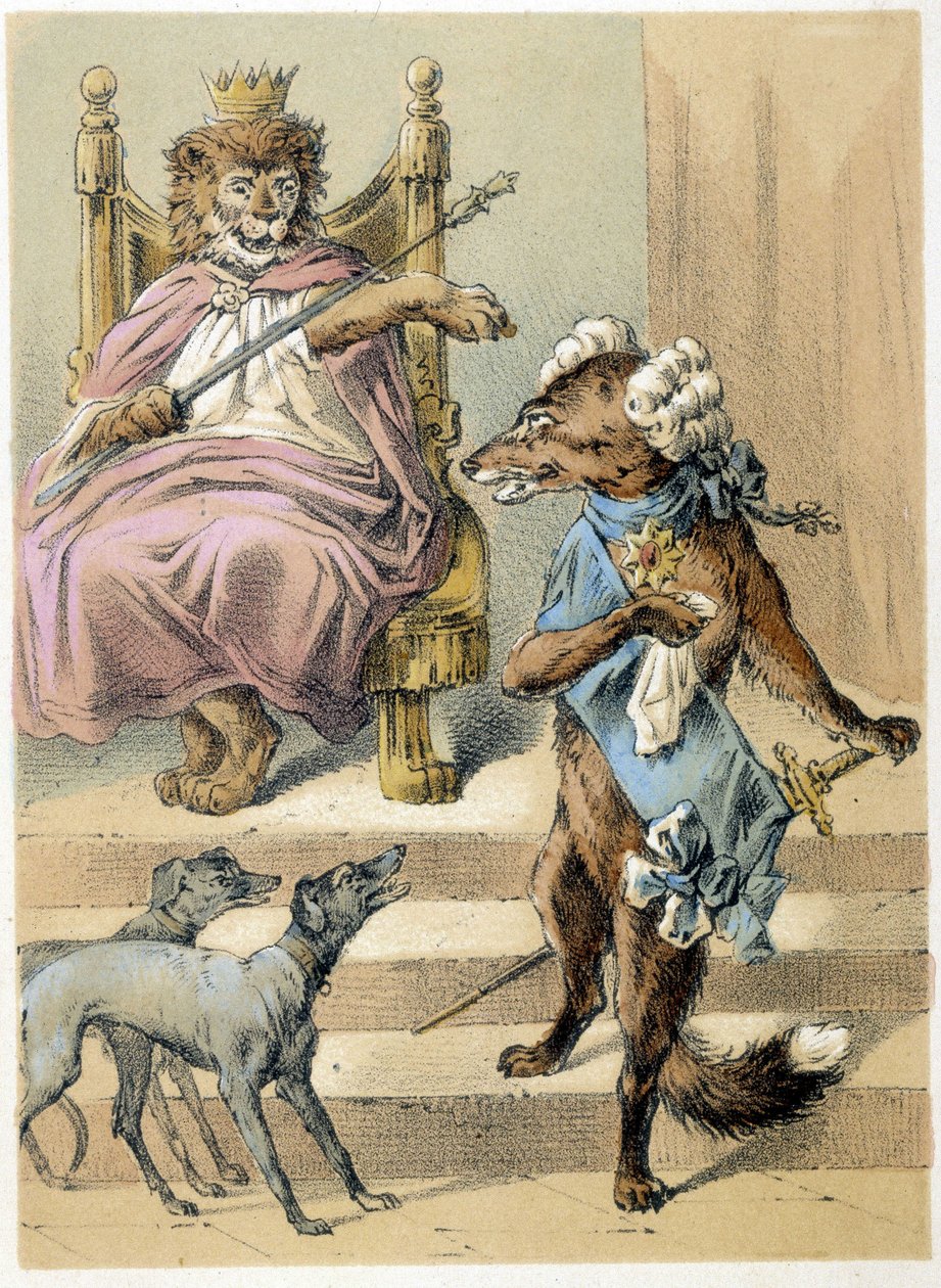 Ilustracja do opowieści Franza Hoffmanna „” Opowieści i bajki – lis”: Lis przemawiający przed Królem Lwem. Chromolitografia XIX wieku. autorstwa German School