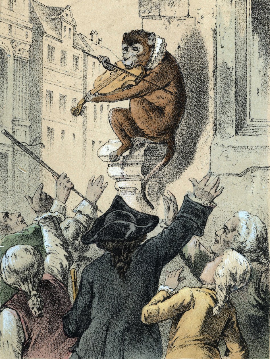Ilustracja do bajek Franza Hoffmanna „Bajki i bajki – małpa i skrzypce””: małpa grająca na skrzypcach przed tłumem. Chromolitografia XIX wieku. autorstwa German School