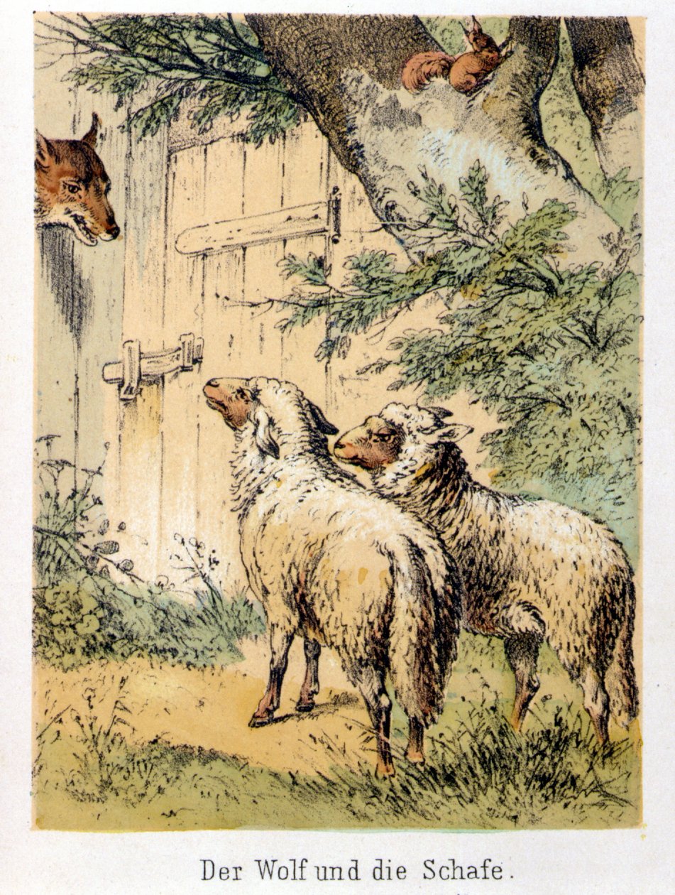 Ilustracja do bajek Franza Hoffmanna „Opowieści i bajki – wilk i owca””: wilk rozmawiający z dwiema owcami. Chromolitografia XIX wieku. autorstwa German School