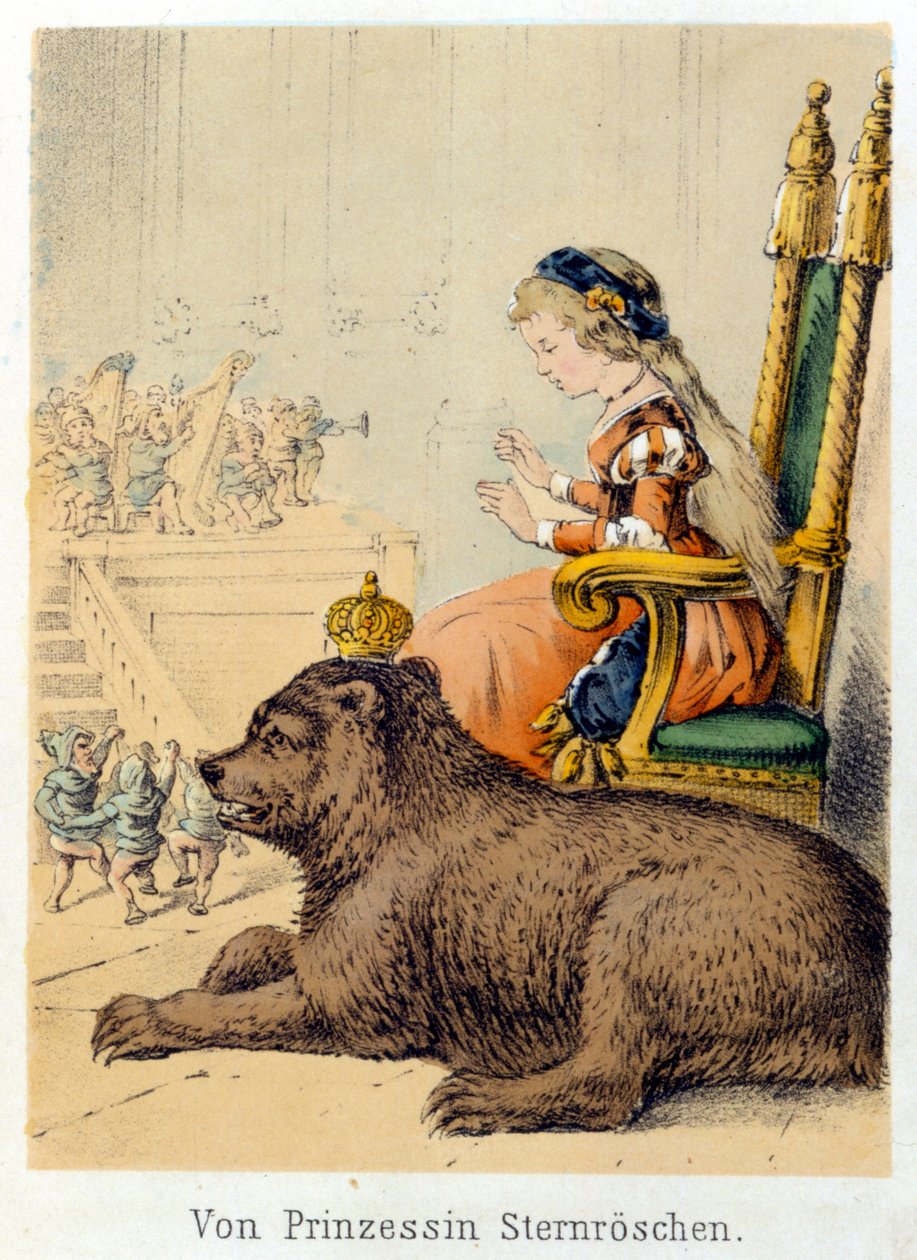 Ilustracja do baśni Franza Hoffmanna „Bajki i baśnie – Von Prinzessin Sternr¿schen””: księżniczka obok niedźwiedzia króla. Chromolitografia XIX wieku. autorstwa German School