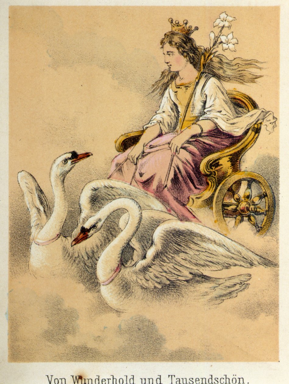 Ilustracja do baśni Franza Hoffmanna „Opowieści i bajki - Von Wunderhold und Tausendschżn”: rydwan z boginią zastrzeloną przez 2 łabędzie. Chromolitografia XIX wieku. autorstwa German School