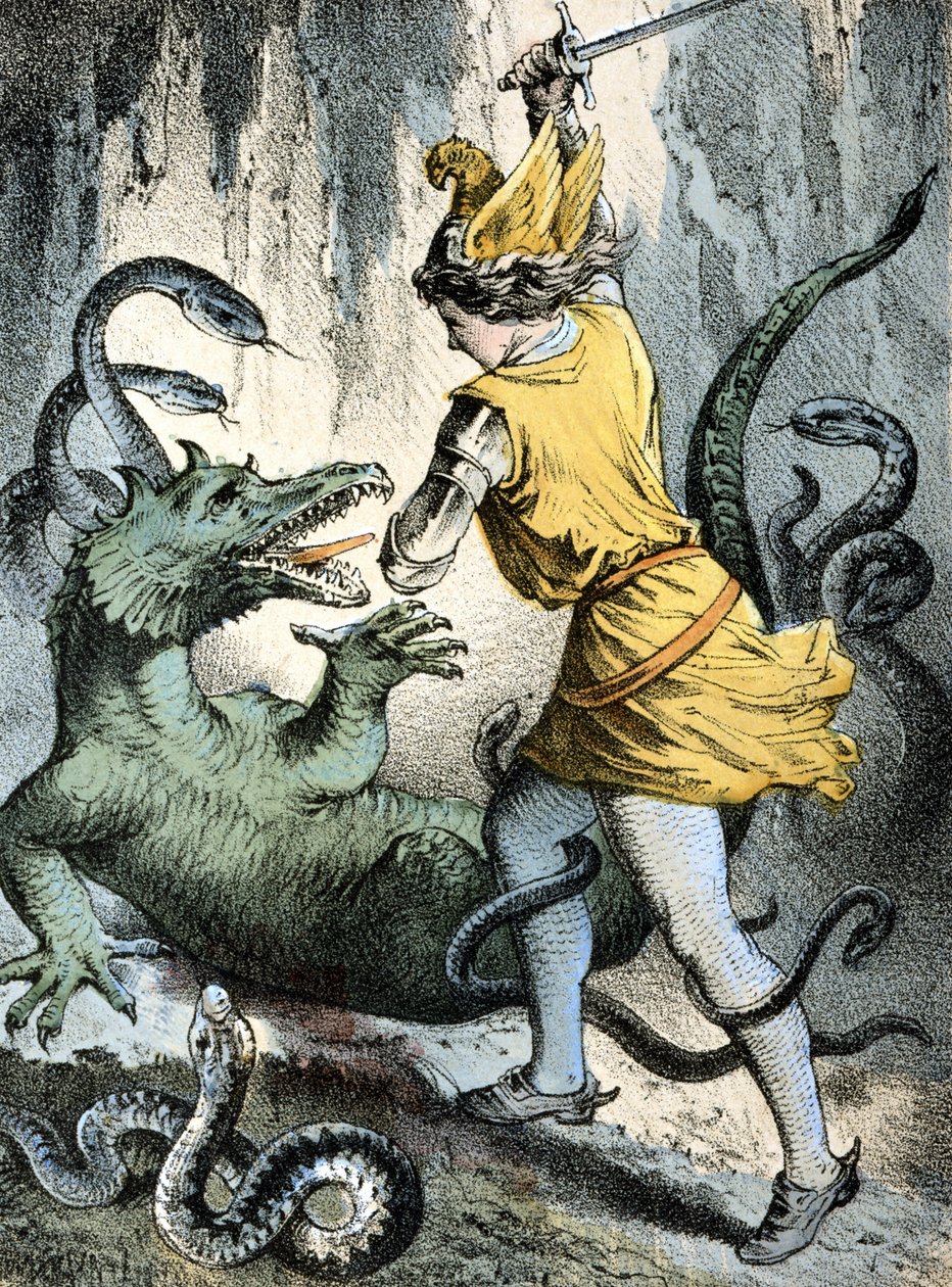 Ilustracja do baśni Franza Hoffmanna „Baśnie i baśnie”: „Von Wunderhold und Tausendschżn” (człowiek zabijający potwora lub smoka). Chromolitografia XIX wieku. autorstwa German School