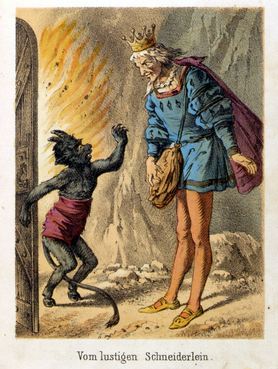 Ilustracja do bajek Franza Hoffmanna „”Tales et Fables – Radosny krawczyk””. Chromolitografia XIX wieku. autorstwa German School