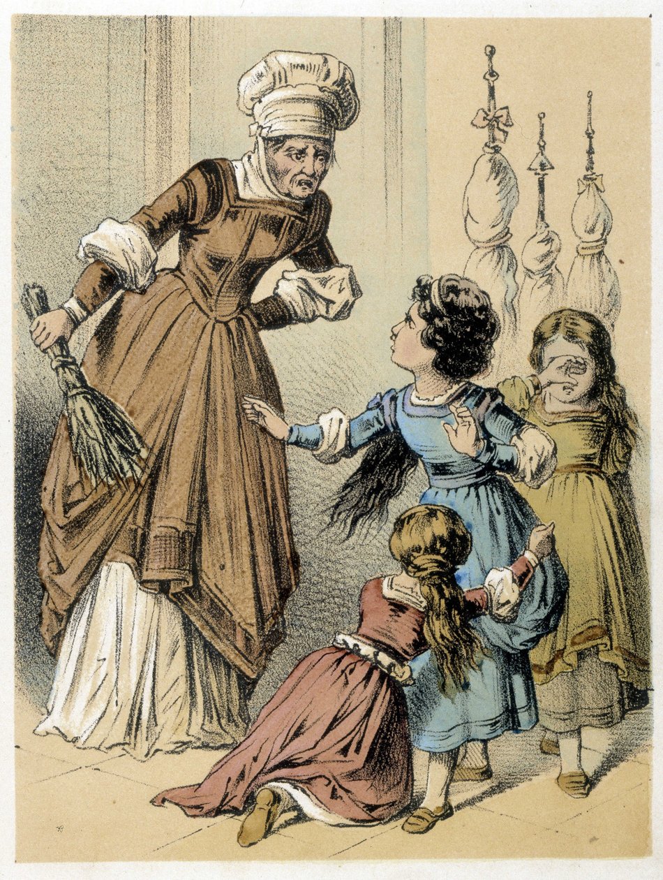 Ilustracja do bajek Franza Hoffmanna „” Tales et Fables – Les 3 Gifts””: kobieta znęcała się nad trzema dziewczynami. Chromolitografia XIX wieku. autorstwa German School