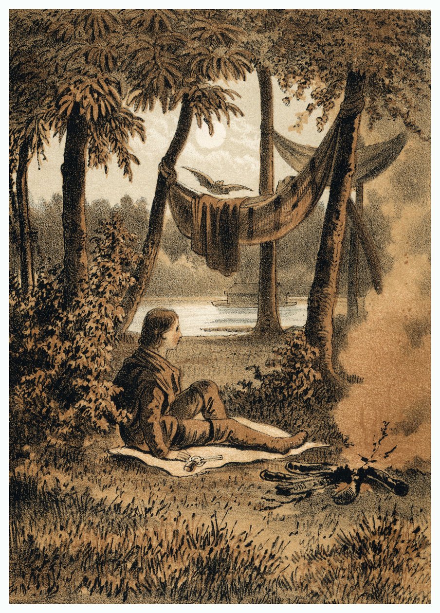 Ilustracja podboju Amazonki przez Europejczyków, instalacja obozu w pobliżu rzeki. w „”De Bootslieden der Amazon-river””, Karl Muller, Holandia autorstwa German School