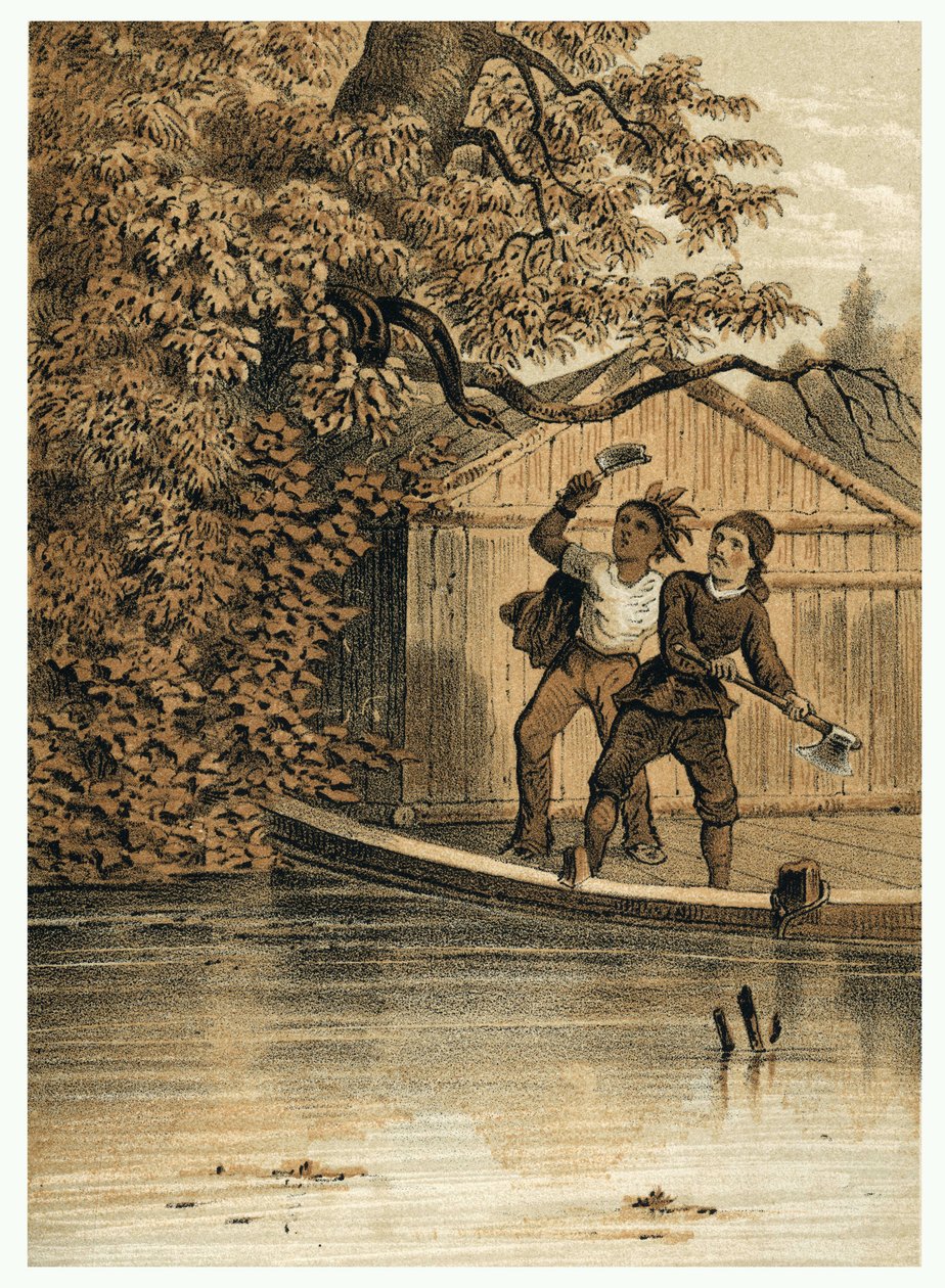 Ilustracja przedstawiająca podbój Amazonki przez Europejczyków. w „De Bootslieden der Amazon-River”, Karl Muller, Holandia autorstwa German School