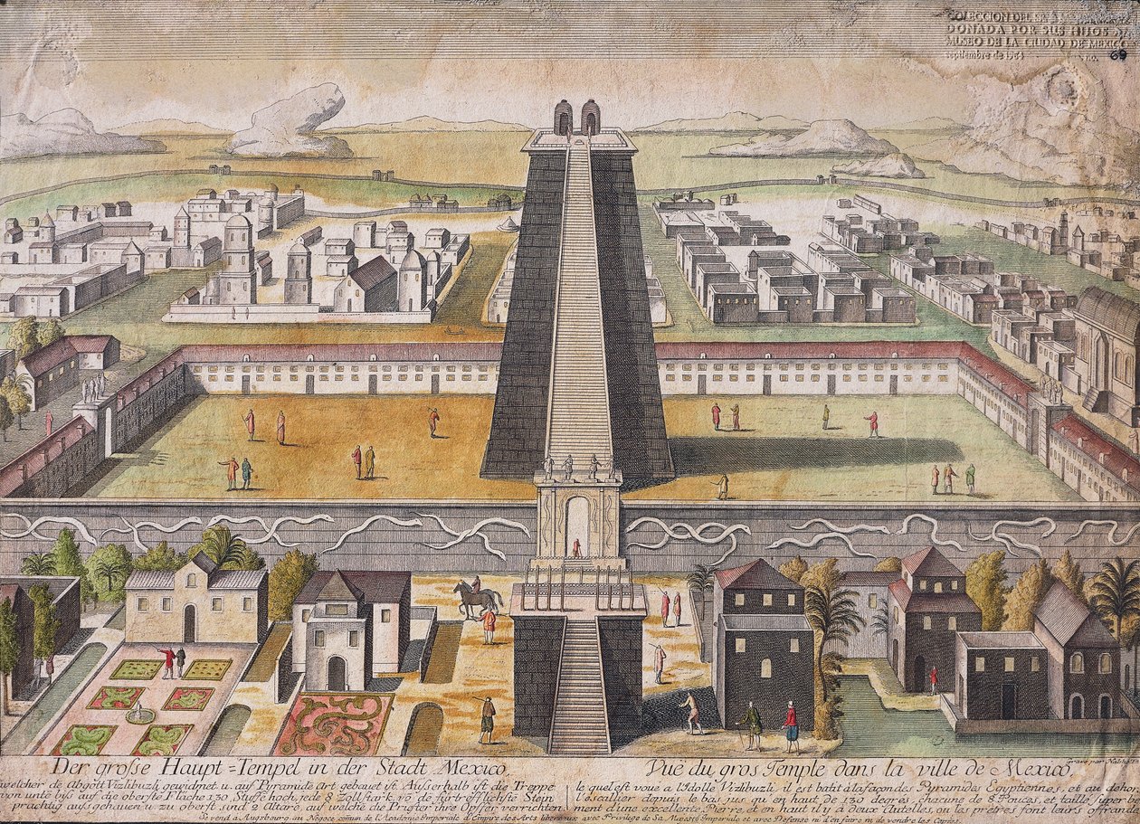 Wyimaginowana rekonstrukcja głównej świątyni (Templo Mayor) w Mexico City (kolorowy grawerunek) autorstwa German School