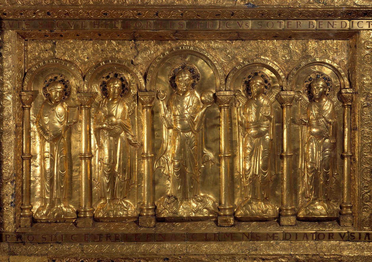 Przed ołtarzem w Cathedrale of Bale Wokół Łażącego Chrystusa trzej archaniołowie (Michael, Gabriel i Rafael) oraz św. Benedykt z Nursie, a u jego stóp cesarz Henryk II powiedział: Święty (973-1024) i św. Imponująca Kunegunda (975-103 autorstwa German School