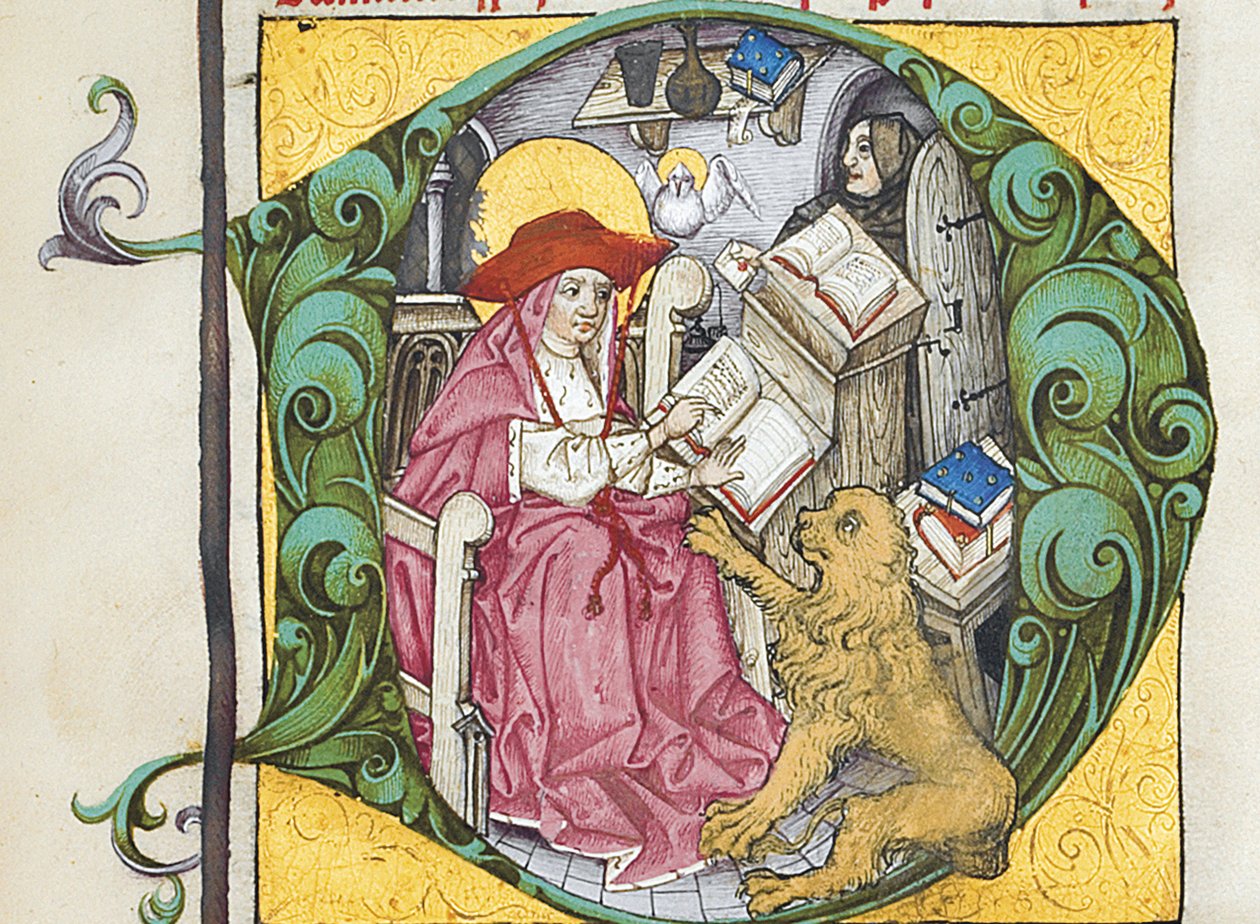 Inicjał D z Epistolae Hieronymus, listów i traktatów św. Hieronima, pod redakcją Adrianusa Brielisa autorstwa German School