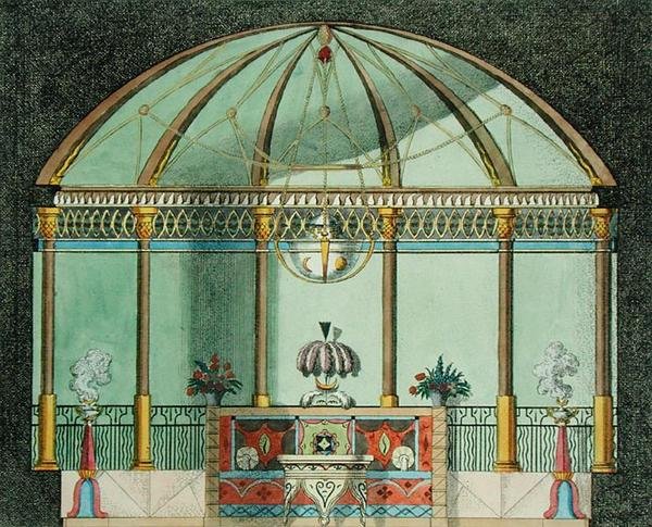 Wnętrze chińskiej świątyni ogrodowej, z "Recent New Ideas for the Garden", opublikowanej w 1779 r. (litografia kolorowa) autorstwa German School