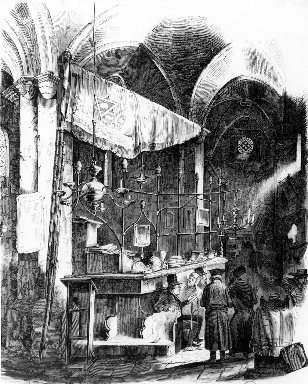 Wnętrze Altneuschul (Staro-Nowej Synagogi), Praga, 1852 r. autorstwa German School