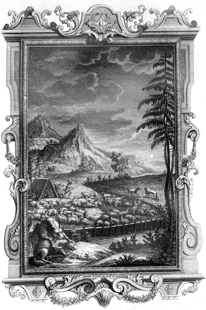 Jakub Wierny Pasterz, chroniący swoje stado owiec przed atakiem wilków, 1731 r. (miedzioryt) autorstwa German School