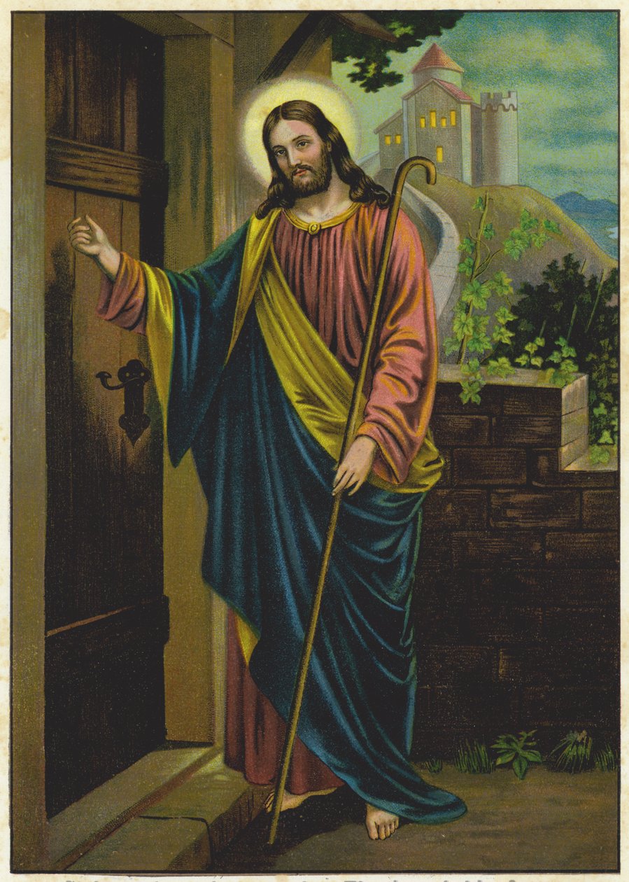 Jezus pukający do drzwi domu (kolorowa litografia) autorstwa German School
