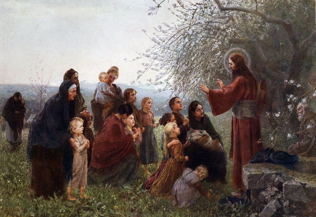 Jezus z kobietami i dziećmi („Niech małe dzieci przychodzą do mnie”), Niemcy v. 1880. autorstwa German School
