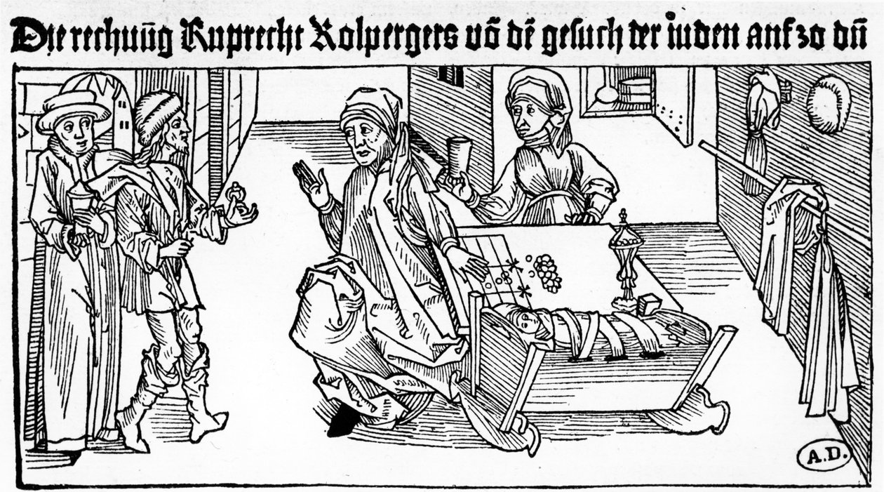 Żydowski lichwiarz z rodziną przyjmujący klientów, 1491 (drewno) autorstwa German School