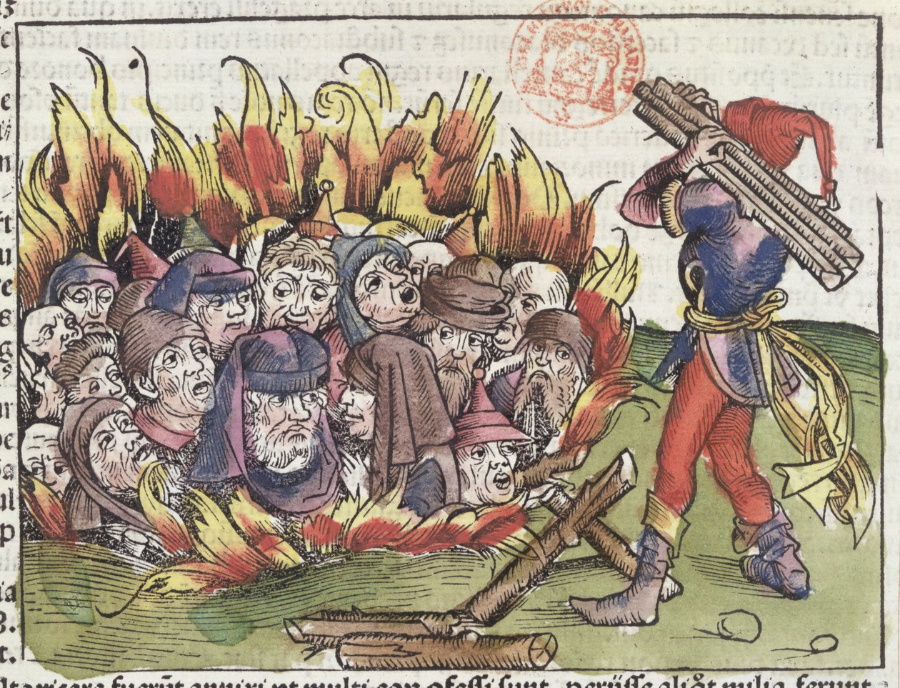 Żydzi spaleni na stosie, z Kroniki norymberskiej Hartmanna Schedla (1440-1514), 1493 (kolorowy drzeworyt) autorstwa German School