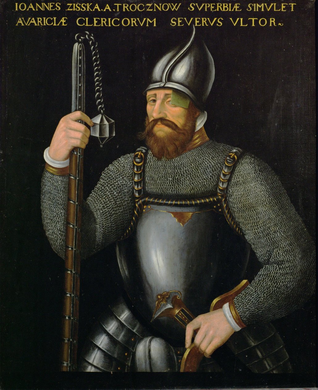 Johann Ziska von Trocnov, przywódca czeskich husytów i taborytów, który wygrał dwie bitwy z wojskami cesarskimi w 1420 i 1422 r. ... autorstwa German School
