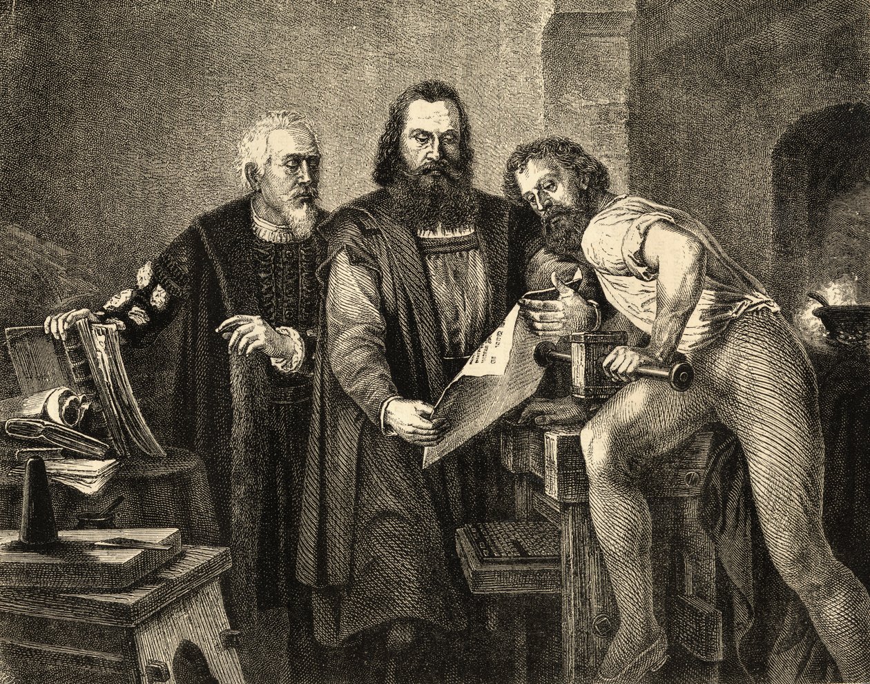 John Faust (ok. 1400-66) John Gutenberg (1400-68) i Peter Schoeffer (ok. 1425-1503) autorstwa German School