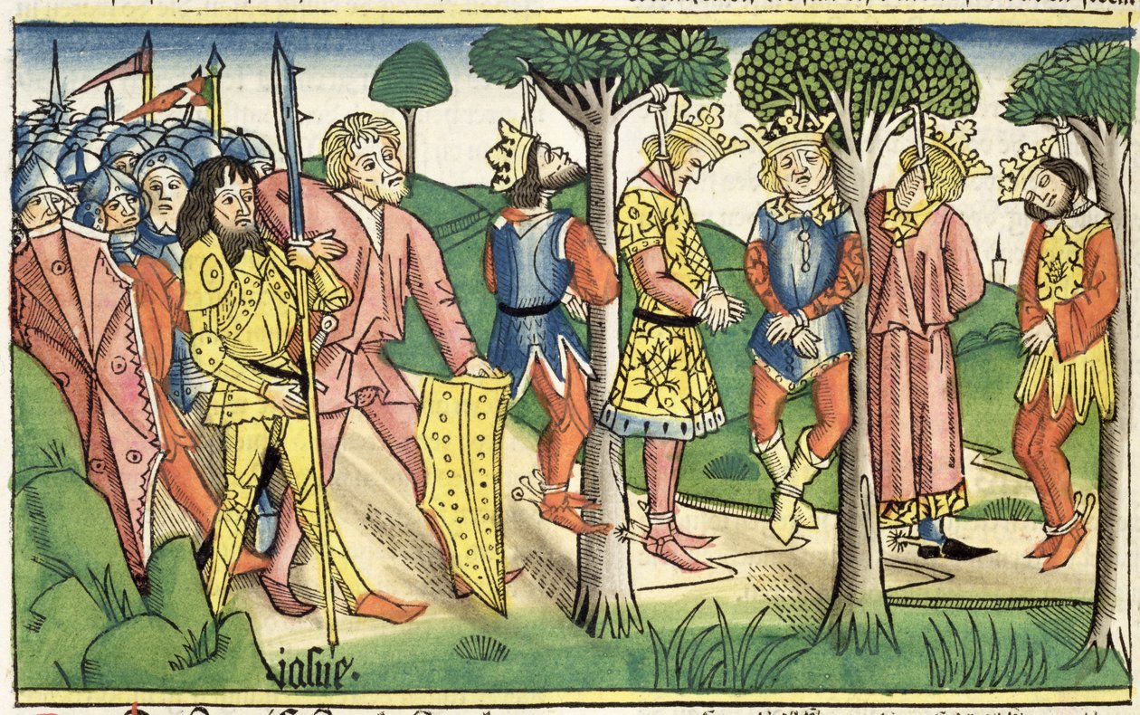 Jozuego 10 16-27 Egzekucja pięciu królów, z „Biblii Norymberskiej (Biblia Sacra Germanaica)” (drzeworyt kolorowy) autorstwa German School