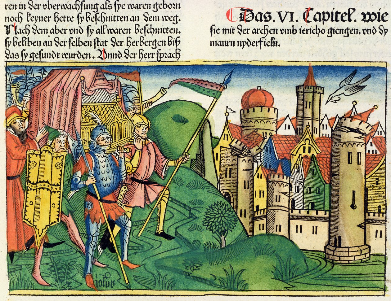 Joshua 6 4-21 Upadek Jerycha, z Biblii Norymberskiej (Biblia Sacra Germanaica) (kolorowy drzeworyt) autorstwa German School
