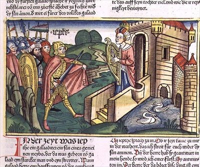 Sędziowie 11 29-40 Córka Jeftego wita swojego ojca, z „Biblii norymberskiej (Biblia Sacra Germanaica)” (kolorowy drzeworyt) autorstwa German School