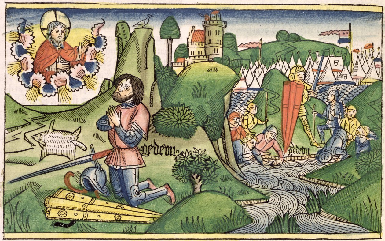 Sędziowie 6 36 Gedeon wyciąga runo z Biblii Norymberskiej (Biblia Sacra Germanaica) (kolorowy drzeworyt) autorstwa German School