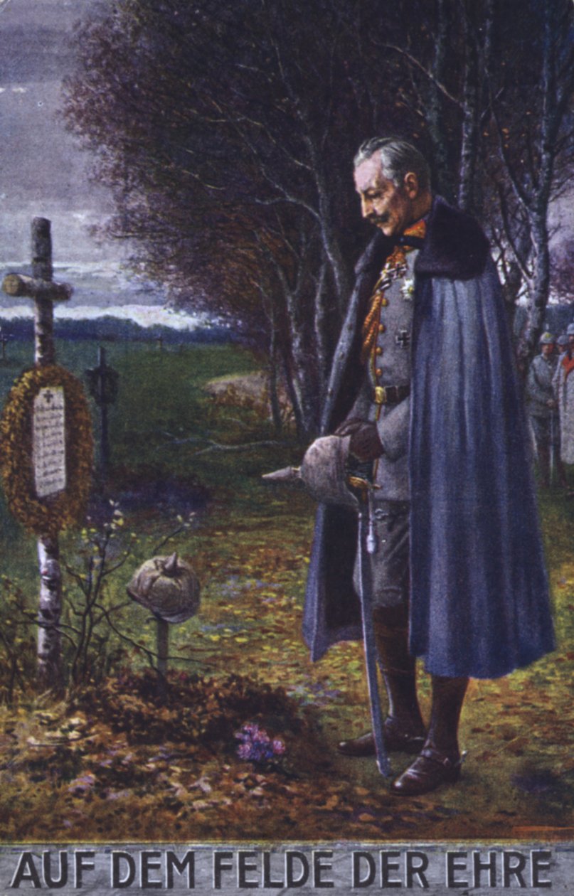 Cesarz Wilhelm II składający hołd przy grobie niemieckiego żołnierza (kolorowa litografia) autorstwa German School