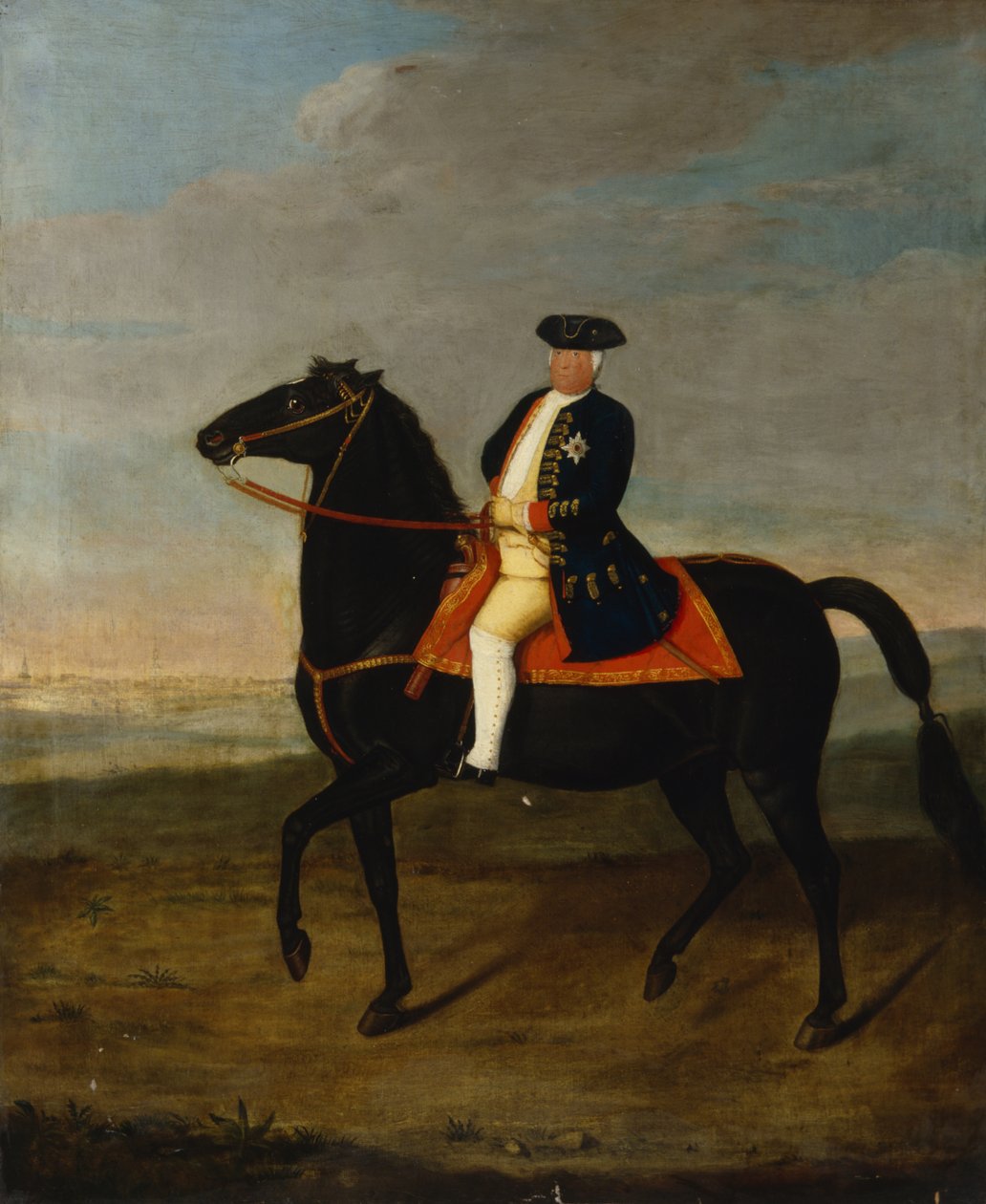 Król Fryderyk Wilhelm I na koniu z Poczdamem w tle, ok.1735 autorstwa German School