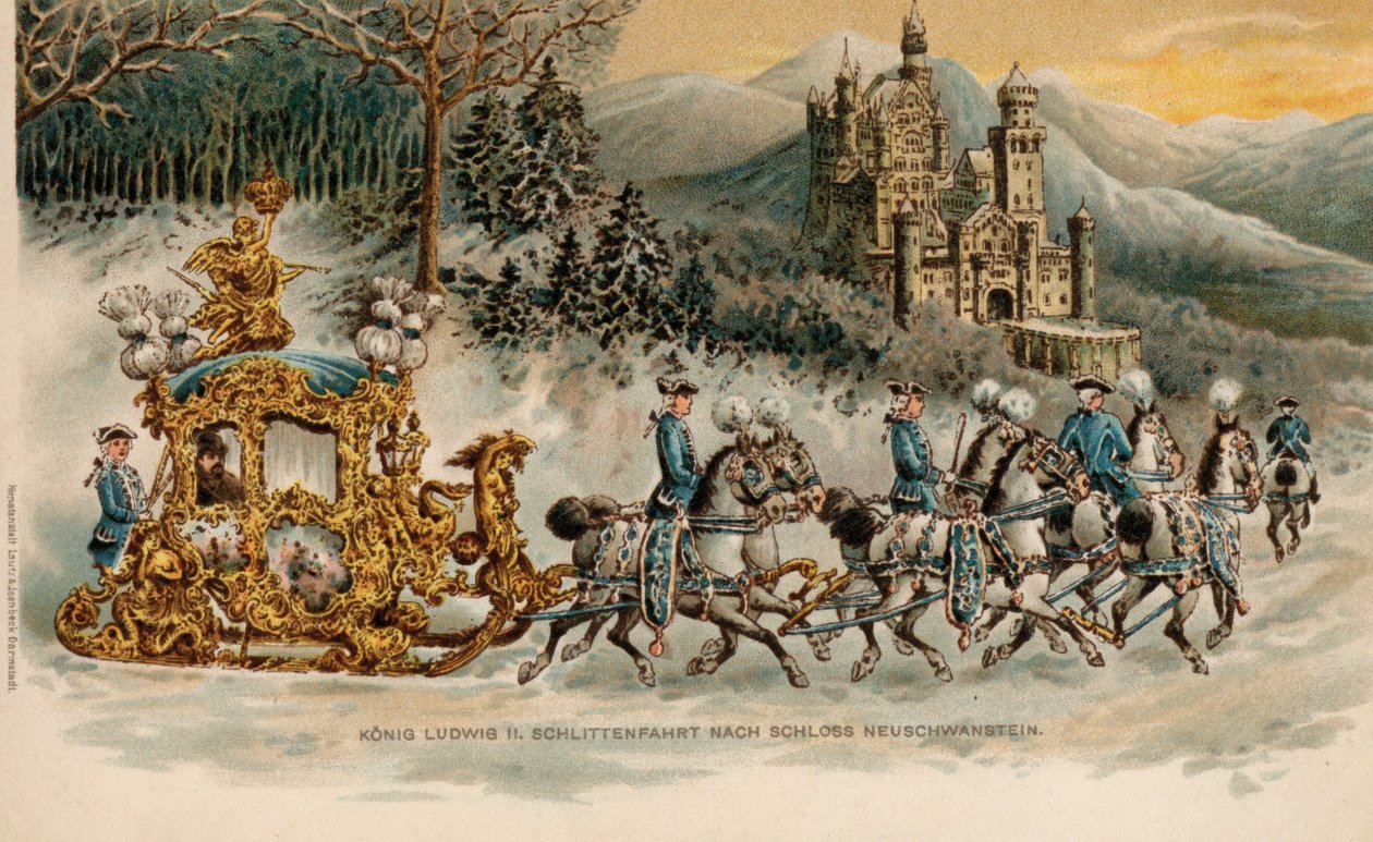 Król Ludwik II Bawarski podróżujący do zamku Neuschwanstein w złotych saniach (chromolitografia) autorstwa German School