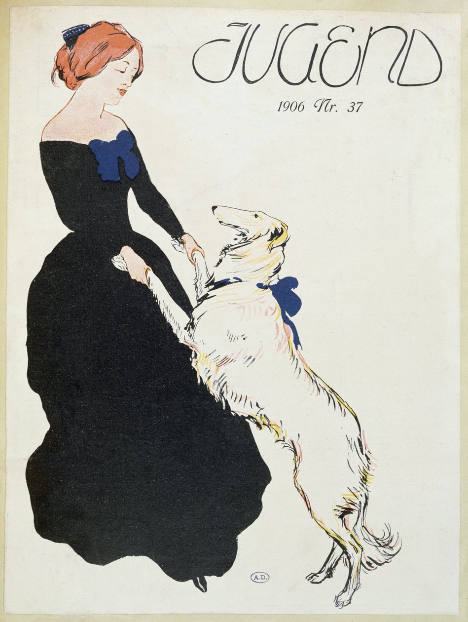 Dama z chartem, ilustracja z Jugend, 1906 autorstwa German School