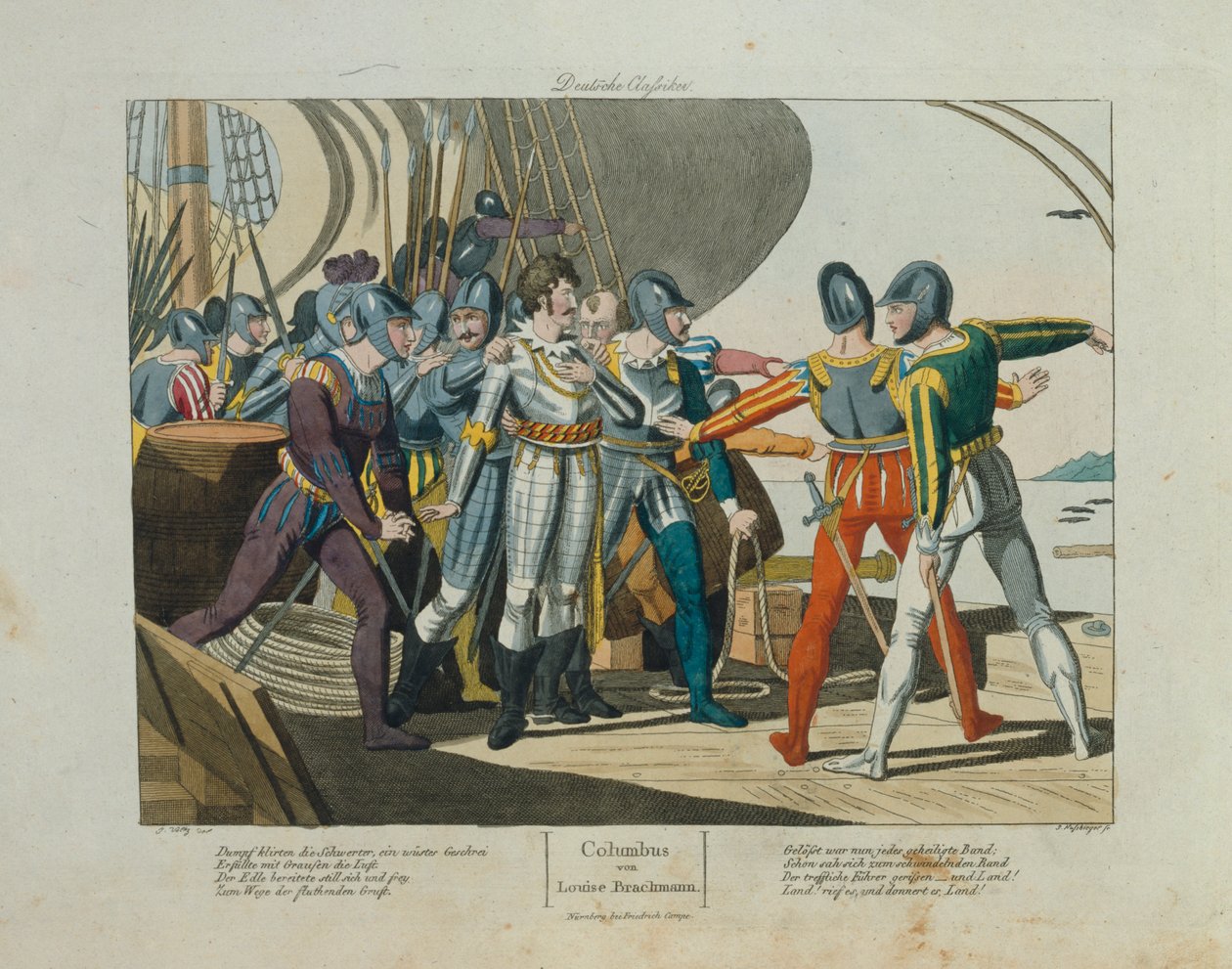 Ziemia, ziemia! Przybycie Krzysztofa Kolumba do Ameryki, wyd. Friedrich Campe, Norymberga, ok. 1820 r. autorstwa German School
