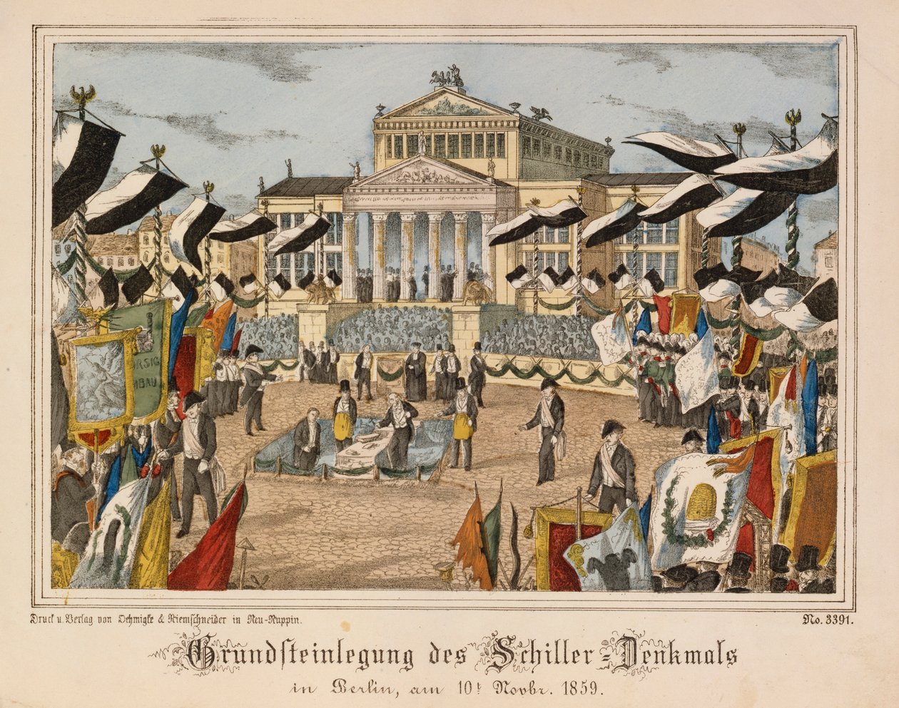 Wmurowanie kamienia węgielnego pod pomnik Schillera na Gendarmenmarkt w Berlinie, 10 listopada 1859, na tle Schauspielhaus, z Neuruppiner Bilderbogen, wyd. Oehmigle & Ri autorstwa German School