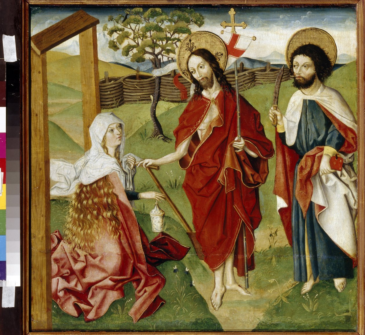 Chrystusa, Marii Magdaleny i św. Bartłomieja (lub Natanaela, Apostoła) (Chrystusa, Marii Magdaleny i św. Bartłomieja). Może być przedstawieniem „Noli me tangere”: wizji zmartwychwstałego Chrystusa u św. Marii Magdaleny. Jezus Chrystus trzyma zasłonę autorstwa German School