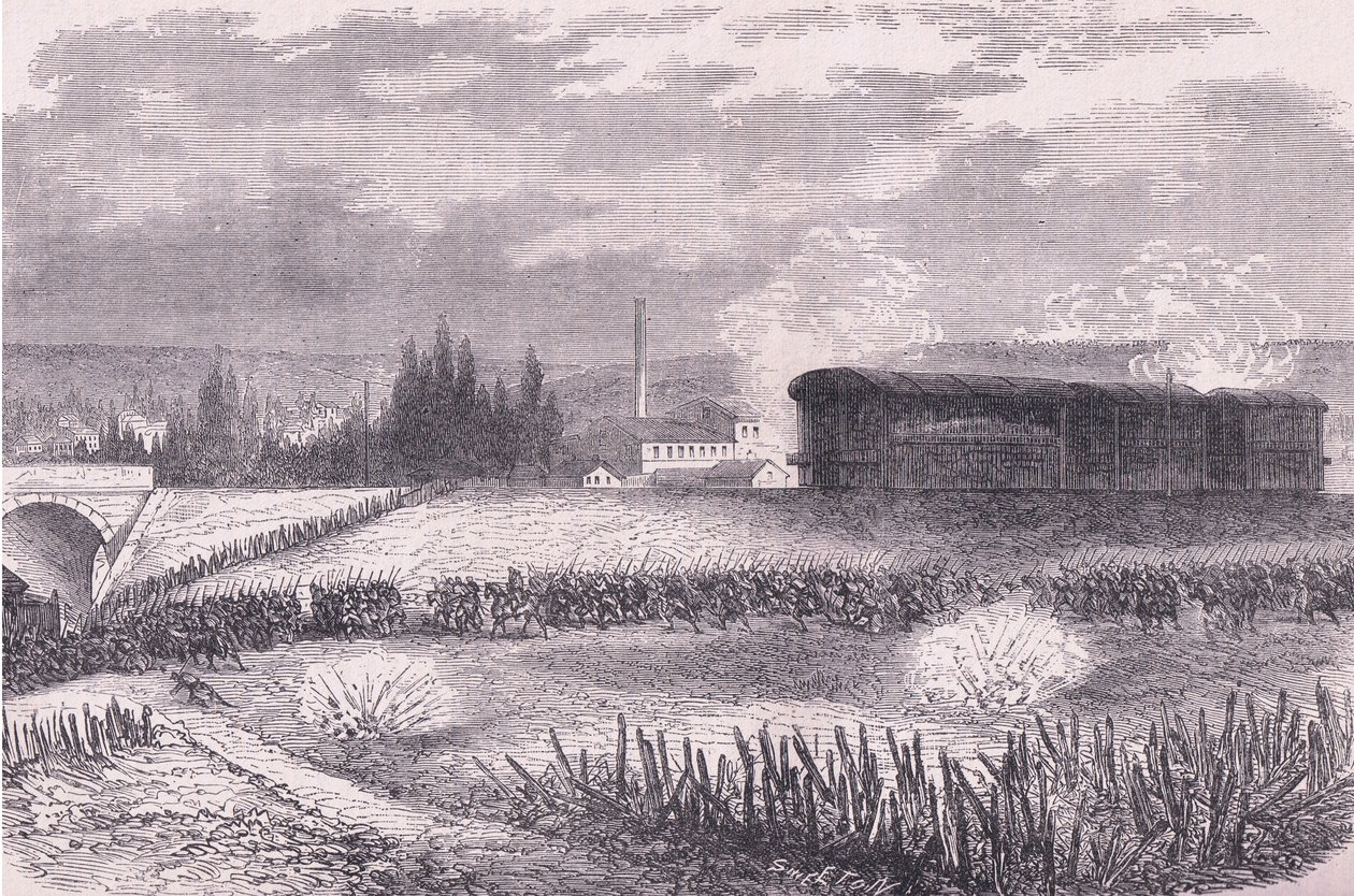 Baterie lokomotyw w akcji, Cassells History of the War between France and Germany, opublikowane przez Cassell and Company Limited, c.1890 (lito) autorstwa German School