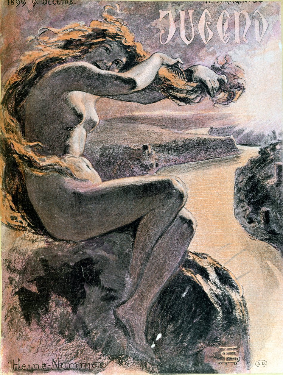Lorelei i Ren, okładka wydania specjalnego magazynu Jugend poświęconego poecie Heinrichowi Heine (1797-1856), 9 grudnia 1899 autorstwa German School