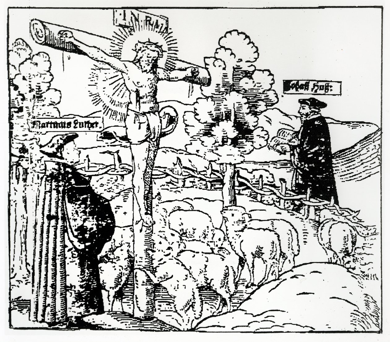 Luter (1483-1546) i Hus (1369-1415) z Chrystusem w owczarni, ok. 1520-21 autorstwa German School