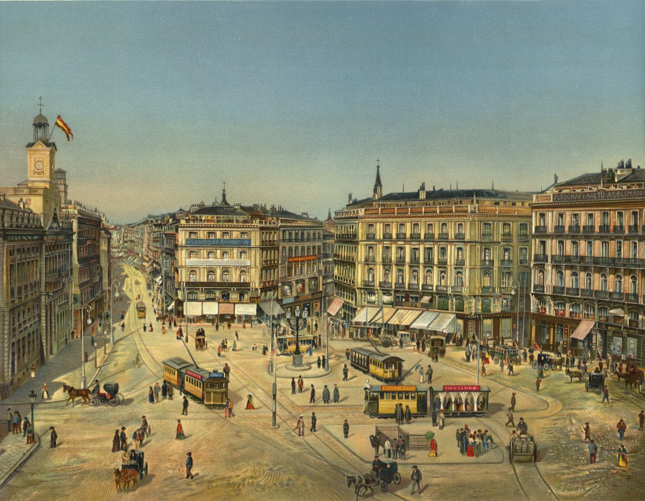 Madryt, Puerta Del Sol (chromolit) autorstwa German School