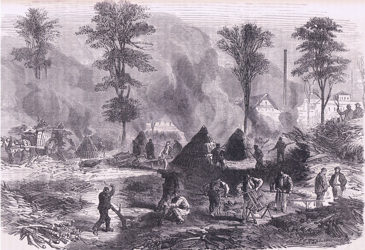 Wykonywanie węgla drzewnego na proch strzelniczy, Cassells History of the War between France and Germany opublikowany przez Cassell and Company Limited, c.1890 (lito) autorstwa German School