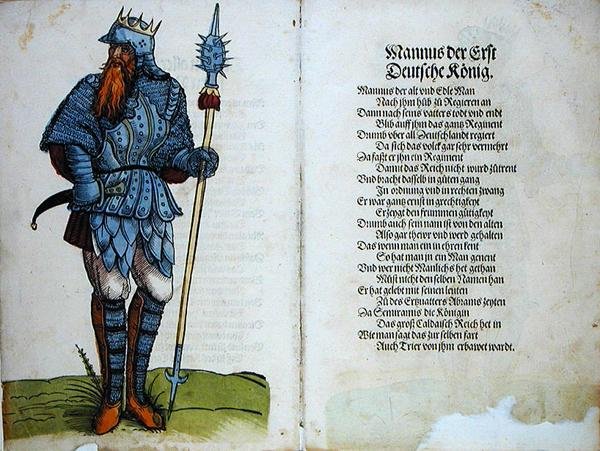 Mannus, pierwszy król niemiecki, z "Pochodzenia pierwszych dwunastu starych królów i książąt narodu niemieckiego". autorstwa German School