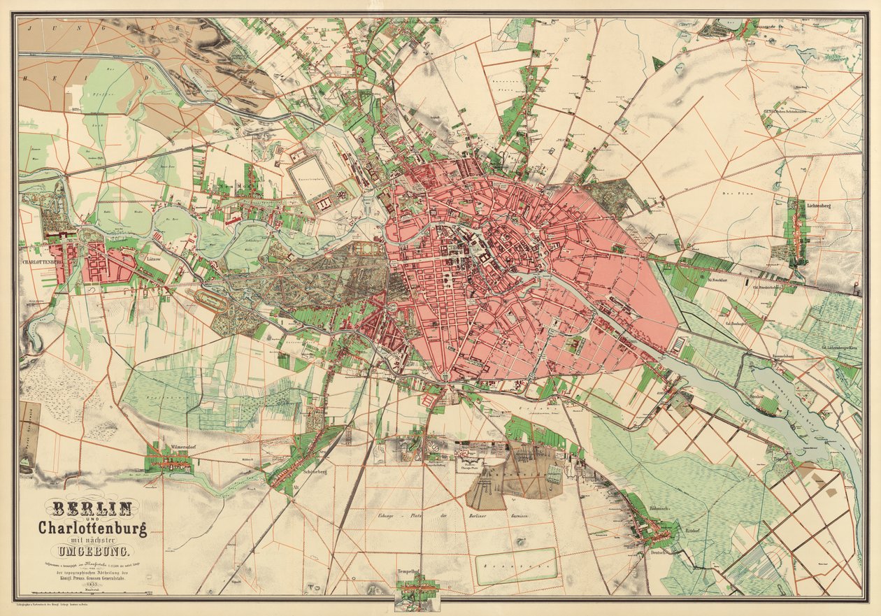 Mapa Berlina, wydrukowana przez Koenigl. Litogr. Instytut, Berlin, 1857 autorstwa German School