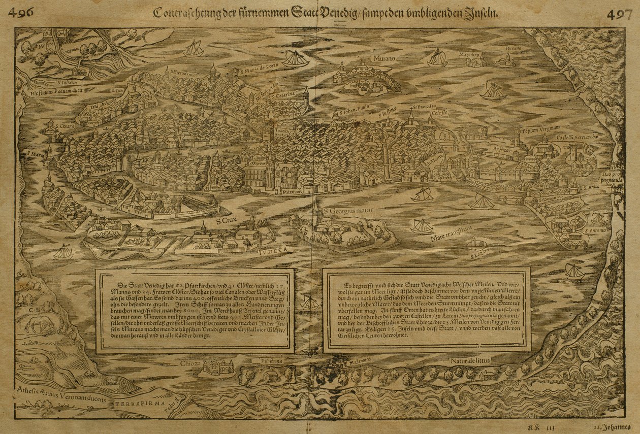 Mapa Wenecji, autorstwa Sebastiana Munstera (1488-1552) opublikowana w Bazylei, ok. 1560 autorstwa German School