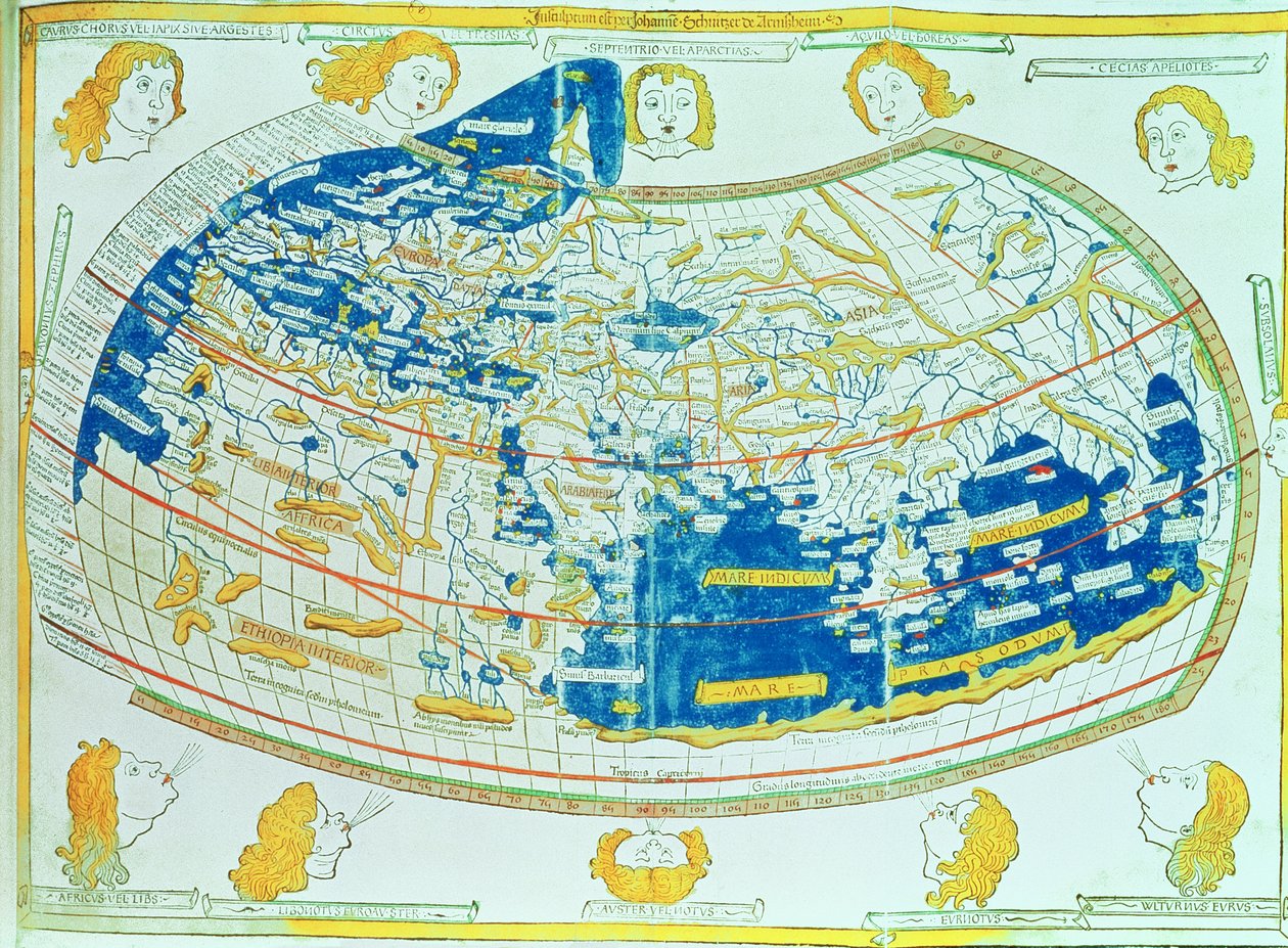 Mapa świata, oparta na opisach i współrzędnych podanych w "Geographia", przez Ptolemeusza (Klaudiusza Ptolemeusza z Aleksandrii) (ok. 90-168 AD), opublikowana w Ulm, Niemcy autorstwa German School