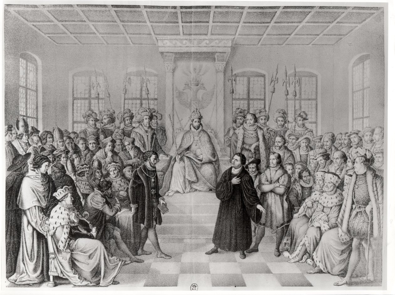 Marcin Luter przed Karolem V (1500-58) na sejmie w Wormacji, 16 kwietnia 1521, z „Historii Niemiec” autorstwa German School