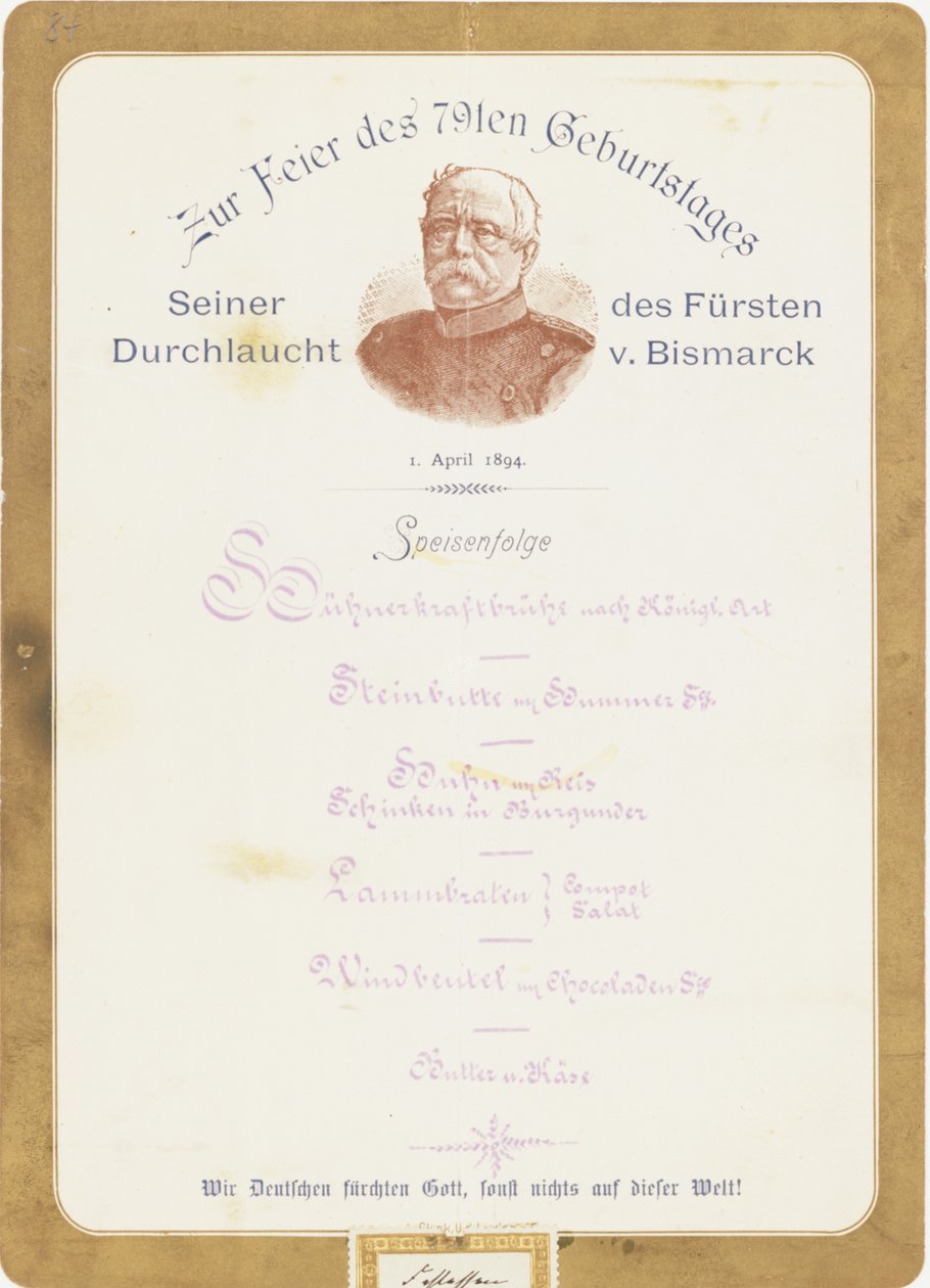 Menu na 79. urodzinach księcia von Bismarcka 1 kwietnia 1894 r. autorstwa German School