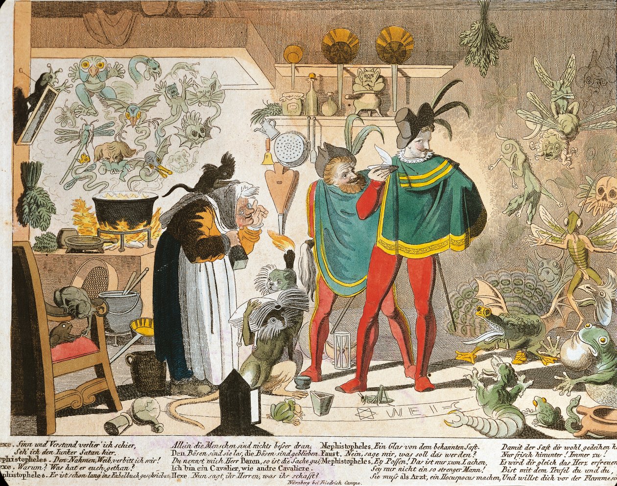 Mefistofeles inspirowany Faustem (kolorowy grawerunek) autorstwa German School